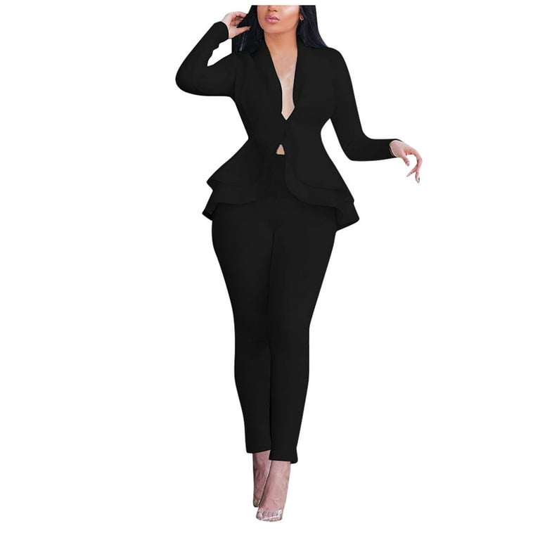 Egmy Women Solid V-Neck Ruffles Patchwork Long Sleeve Coat Pants Suit 