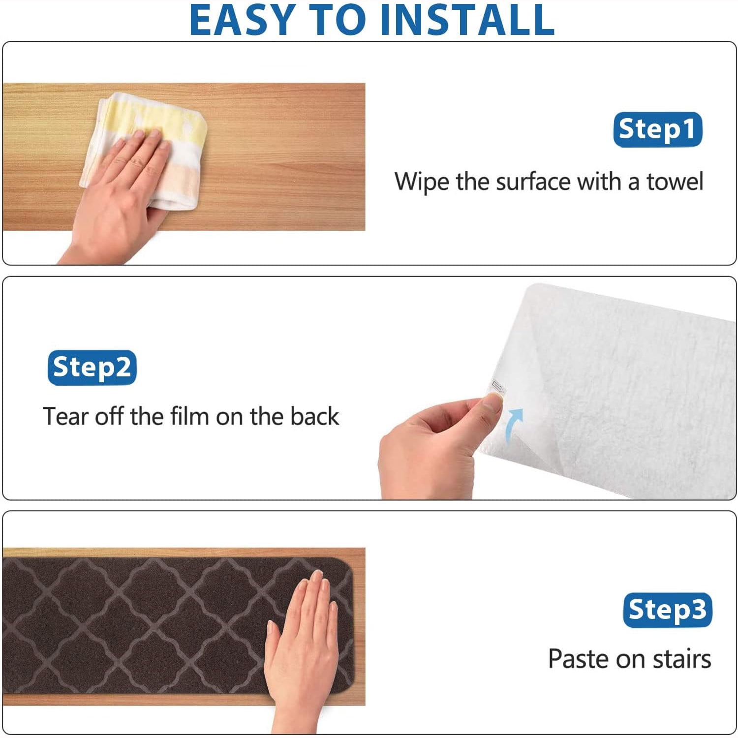 Kaskawise Carpet Stair Treads Non Slip with Self Adhesive, 30"x8" Reusable Anti Slip Tapes for Stairs Set of 15, Skid Resistant Indoor Stair Rugs Stair Mats Stair Covers for Wood Stairs, Brown
