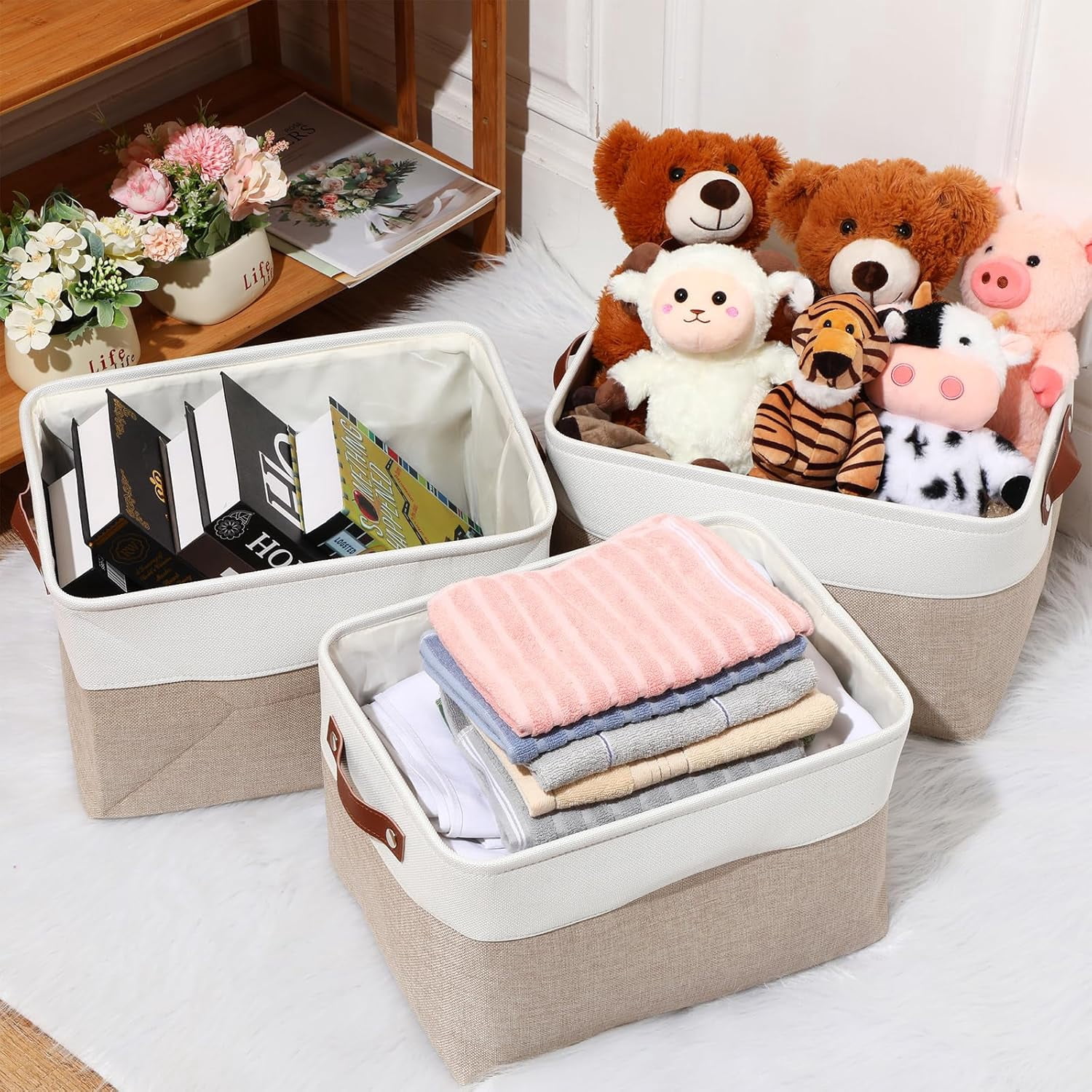 10 Pcs Collapsible Storage Bins Fabric Foldable Storage Basket with Handles Cloth Organizer Linen Shelf Baskets for Shelves Home Closet Nursery Toys(16 x 12 x 10 Inch,Beige and White)
