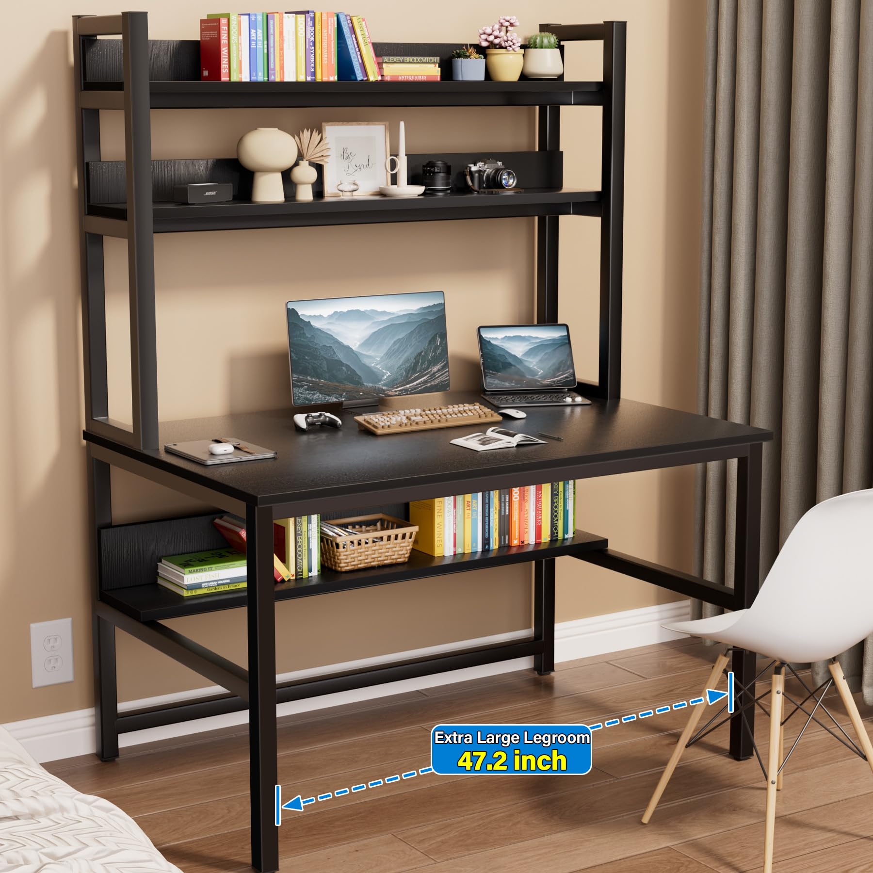 Aquzee Computer Desk with Hutch and Bookshelves, Large Leg Room 47 inch Width Black Desk with Space Saving Storage Shelves for Home Office