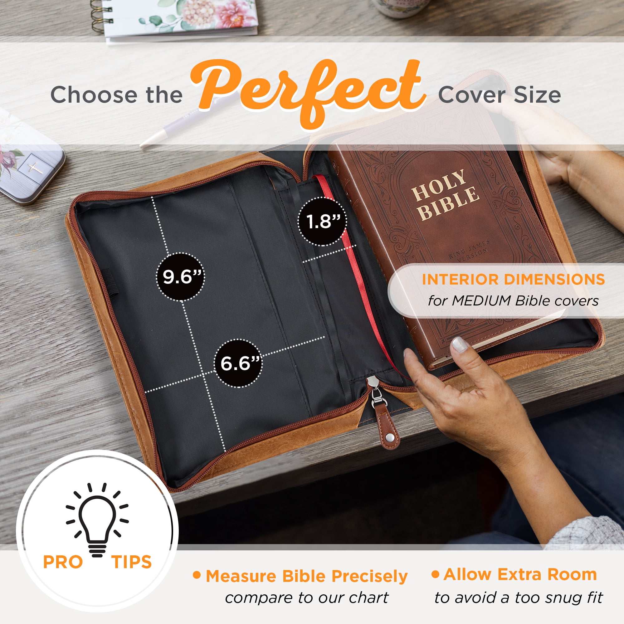 Christian Art Gifts Classic Vegan Leather Bible Cover for Men & Women: Trust in the Lord Inspirational Scripture, Easy Carry Book Case, Pen Loops, Pockets, Stationery Storage, Light Brown, Medium