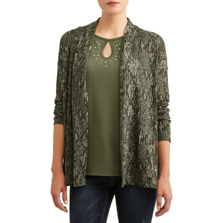 Cheetah Print Cardigan - Women's Long Sleeve Embellished Top and Cardigan 2fer