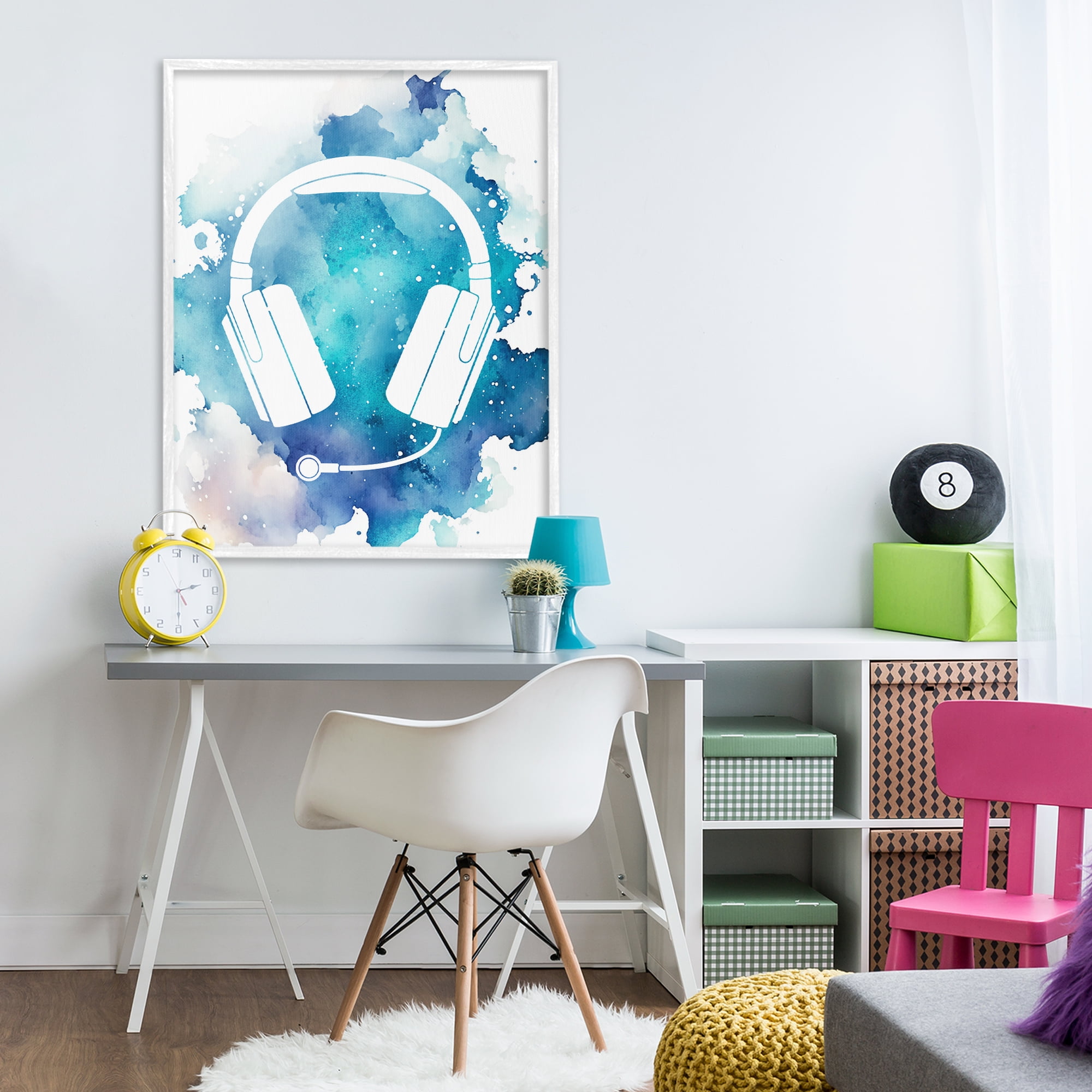 Blue Headphone Splatter White Framed Giclee Art, design by Marcus Prime
