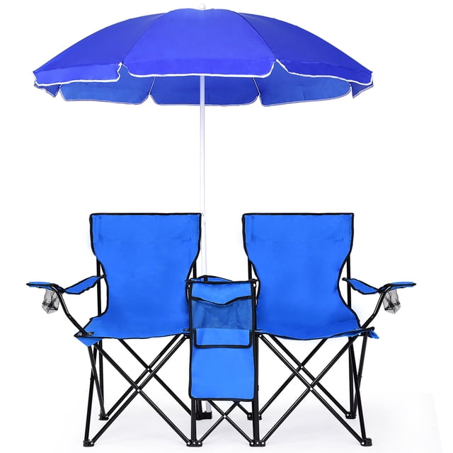 Costway Silla de Camping con Sombrilla Portátil y Plegable Doble Silla Taburete Tejido Oxford Mini Mesa Posavasos para Exterior Picnic Patio