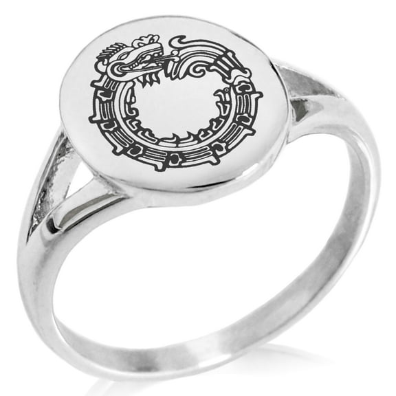 Stainless Steel Aztec Ouroboros Serpent Rune Minimalist Oval Top Polished Statement Signet Ring