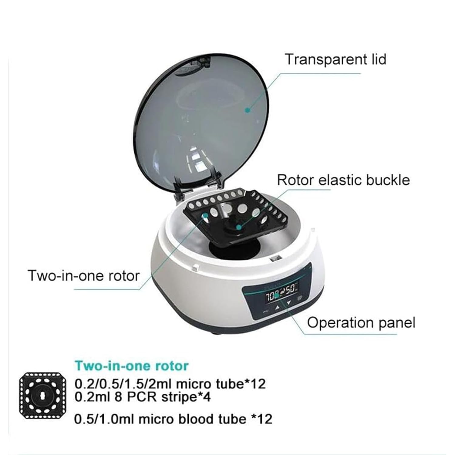 Lab Benchtop Centrifuges with Adjustable RPM & Digital Display LCD, Mini Centrifuge for 0.2/0.5/1.5/2ml Scientific Test Tubes Micro Centrifuge, 5000-7000 RPM/1680-3286 xg