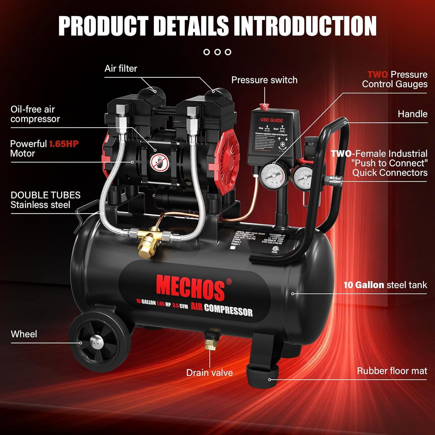 1.65 HP 110V Portable 116 Max PSI Oil-Free Air Compressor with 10 Gallon Steel Tank for Garage Tire Inflation