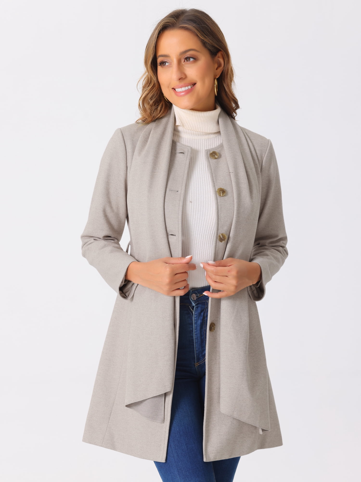 DARING DIVA Women's Scarf Coat Button Down Casual Outwear with Belt Grey S