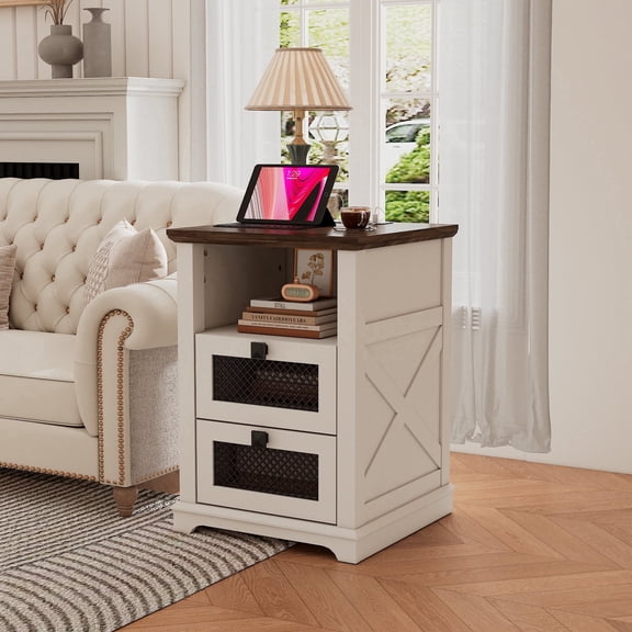 Farmhouse Charging Station Side Table – 2-Drawer Nightstand with Mesh Storage and Open Shelf for Living Room or Bedroom, White Brown