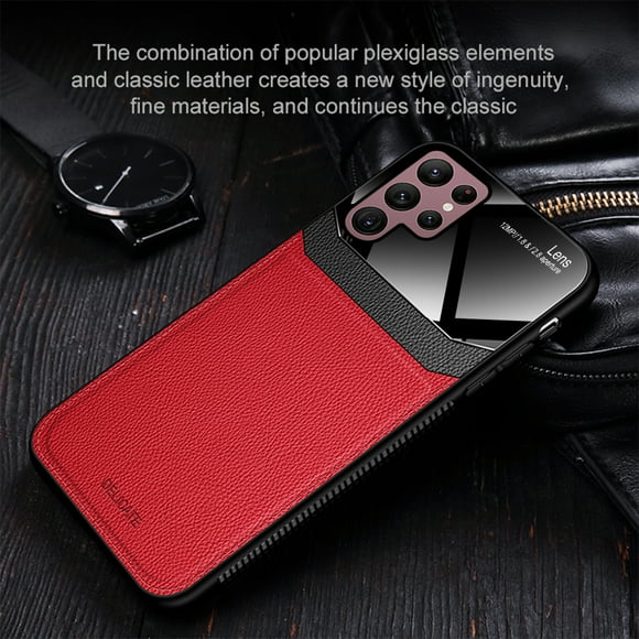ROBINSON Étui en Cuir Étui Arrière Protectrice Étui de Téléphone Étui Arrière en Verre pour Samsung Galaxy S22 Ultra (Rouge)