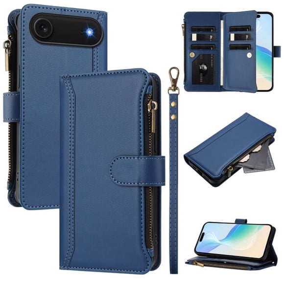 For iPhone Air Wallet Phone Case-PU Leather Magnetic Flip Cover with 9 Credit Card Slots,Zipper Pocket & Detachable Wrist Strap,Shockproof,Dark Blue,For iPhone Air