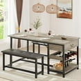 thumbnail image 1 of Dining Table Set for 4, Retro Dining Table Set with 2 Upholstered Benches, Storage Drawers & Wine Rack for Apartment, Small Space, 1 of 7
