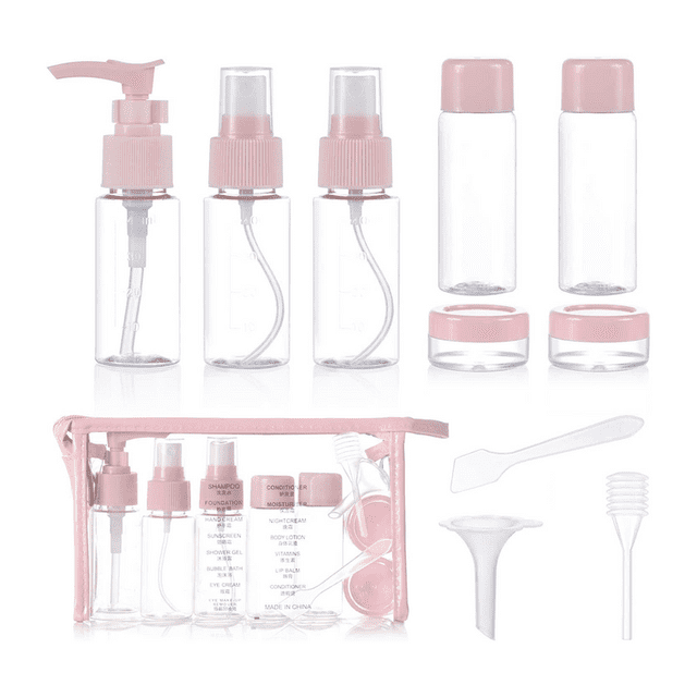 Botella de Viaje Cosmética, 10 Piezas Botellas de Viaje Vacías, Botella de Spray de Viaje Transparente para Líquidos, Kit de Viaje de Avión para Cosméticos, Champú, Gel de Ducha, Crema (Rosa) JM