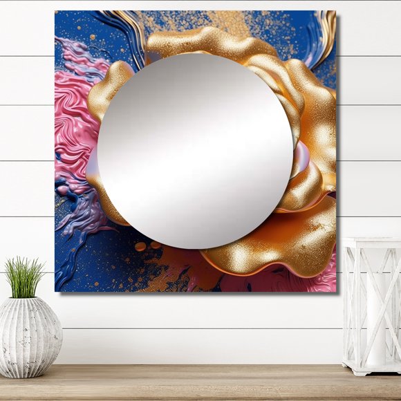 Designart "Pink Peony Surrounded By Gilded Leaves II" POPPIES Square Mirror For Wall Decor - Large Gold Square Mirror Printed Wall Decor - Traditional Square Living Room Mirror