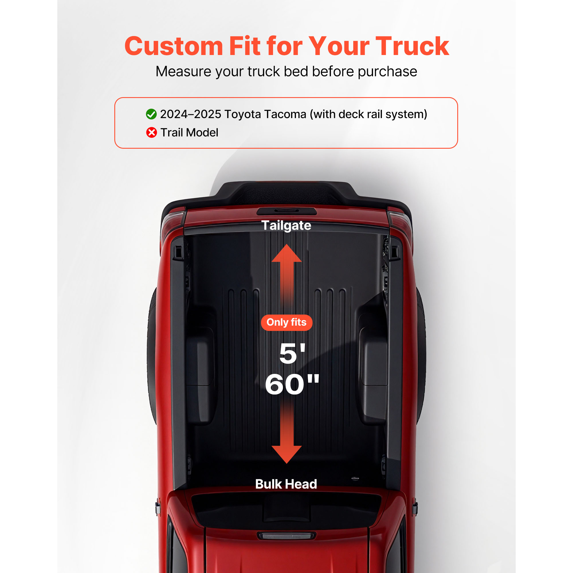 KFFKFF Soft Roll-Up Truck Bed Tonneau Cover, Compatible with 2024-2025 Toyota Tacoma (Excl. Trail Edition) with Deck Rail System, Fits 5 ft (60 in) Bed, PVC Cover with Three Aluminum Alloy Supports