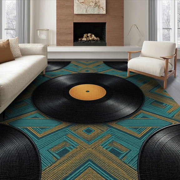 ODIKA 8'x10' Washable Area Rug Vinyl Record Vintage Concentric Groove Round Cd Disc Retro Music Refined for Dining Room, Large Office, Lounge, Non-Slip Chair-Friendly Mat