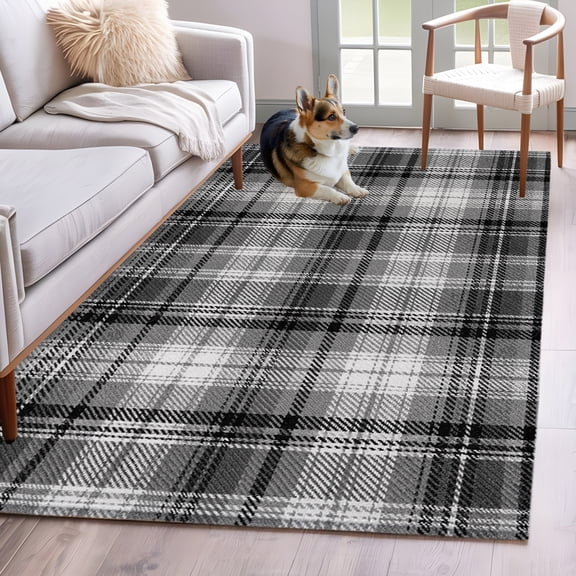 Area Rug 3x5ft Farmhouse Linen Checkered Area Rugs Washable Low Pile Floor Carpet for Bedroom, Modern Black Gray Lattice Non Slip Soft Rugs for Living Room Entryway Dining Room