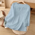 thumbnail image 2 of LEKWK Linen Tops for Women Henley Button Split V Neck Casual Tops Short Sleeve Tops Loose Fit Solid Summer Beach Outfits, 2 of 9
