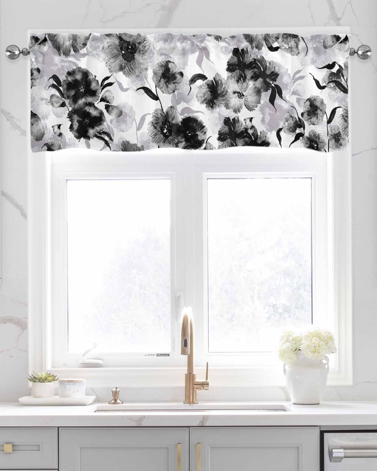 Black Grey Flower Linen Curtain Valance for Bedroom/Bathroom/Kitchen/Office/Living/Dining Room Windows, Watercolor Blossom Botanical Plant Rod Pocket Topper Decorative Cafe Drapes Panel 42"x18"