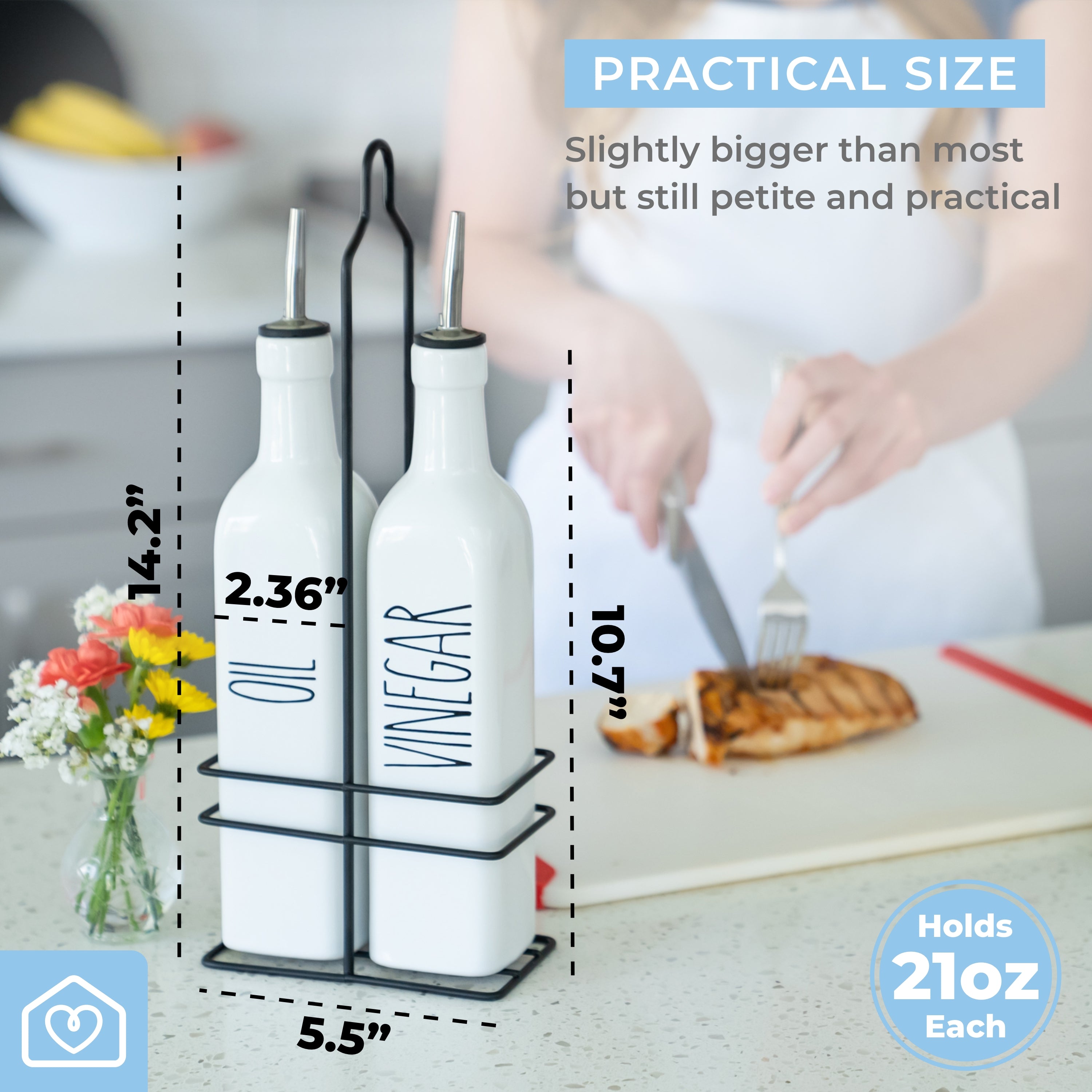 Ceramic Olive Oil & Vinegar Dispenser Set With Caddy (White)