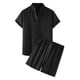 thumbnail image 5 of Conjuntos de lino para hombres INSPIRE CHIC, camisa de manga corta con cuello de banda y botones, pantalones cortos de playa sólidos en negro, 5 of 6