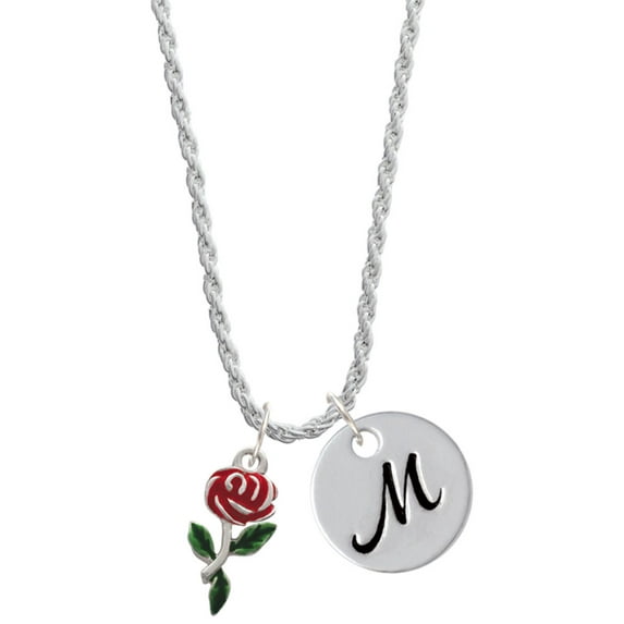 Delight Jewelry Silvertone Red Rose Flower Silvertone Script Initial Disc - M - Charm Necklace, 20"+3"