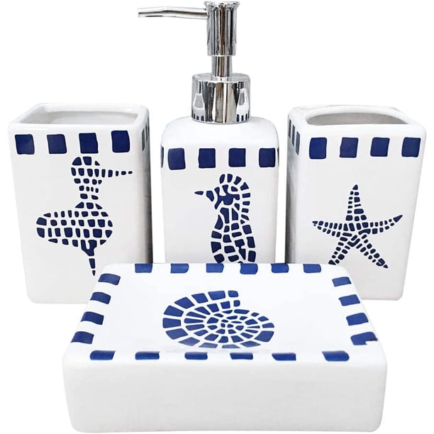 RHAFAYRE Juego de 4 accesorios de baño de cerámica - Diseño moderno - Botellas de loción, Portacepillos de dientes, Vaso, Dispensador de jabón - Criaturas acuáticas brillar Electrónica
