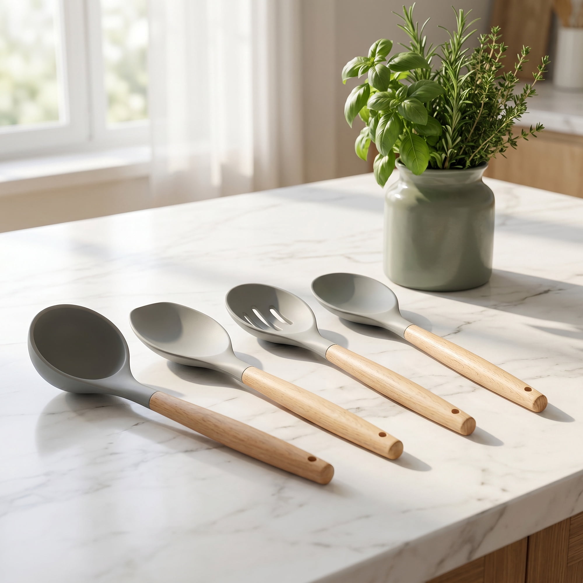 Unique Bargains 4 Pcs Cooking Utensil Set for Non Stick Cookware and Gadgets Light Grey