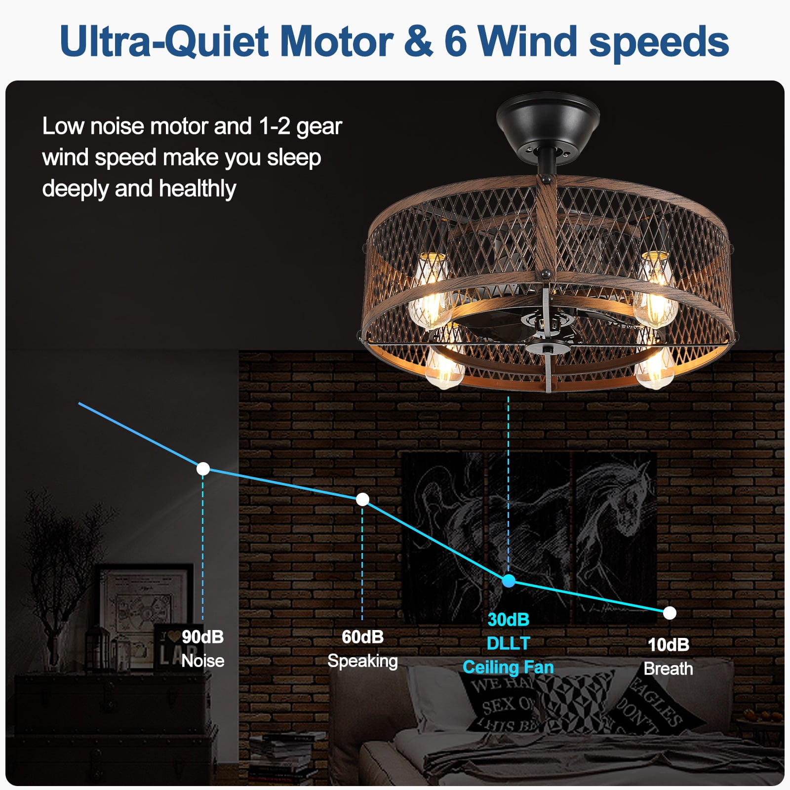 20-Inch Walnut Outdoor Ceiling Fan with Light: Ceiling Fan with Smart Remote Control, Farmhouse Cage Design, 6-Speed Reversible - Flush Mount for Patio, Kitchen, Bedroom