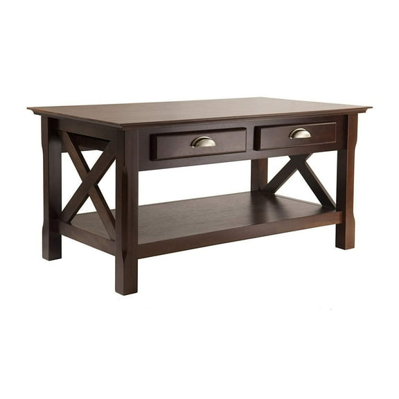 Coffee Table with Storage, 2 Drawer Antique Style Table, Cappuccino Finish, 37"L x 21"W