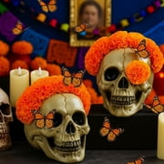 2 Pcs Dia De Los Muertos Skull Day of The Dead Table Decoration Ofrenda Altar Décor Skull with Marigold Fake Flower Table Centerpiece for Halloween Gothic Home Desk Kitchen Room