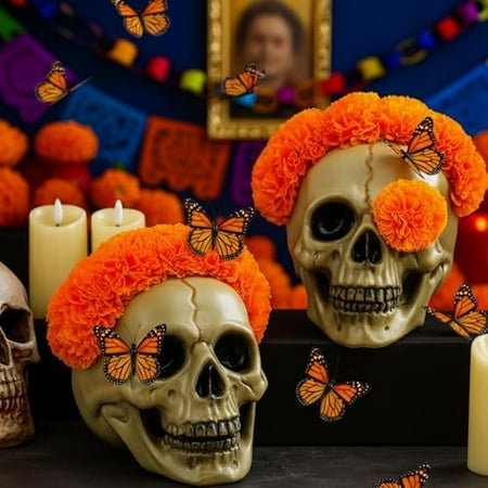 2 Pcs Dia De Los Muertos Skull Day of The Dead Table Decoration Ofrenda Altar Décor Skull with Marigold Fake Flower Table Centerpiece for Halloween Gothic Home Desk Kitchen Room