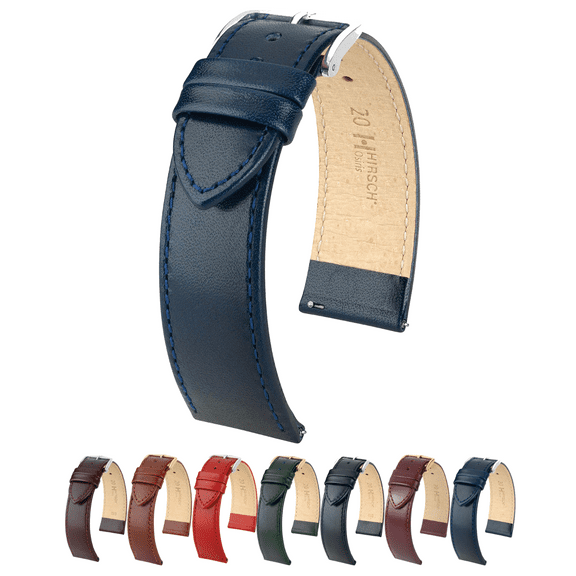 Hirsch Osiris Leather Watch Strap - Polished Blue - M - 16mm - Shiny Silver Buckle - Calf Leather Band