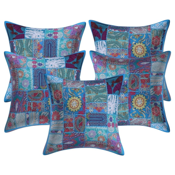 Stylo Culture Ethnic Cotton Decorative Throw Pillow Covers Turquoise 20 x 20 Bohemian Vintage Patchwork Ethnic Sofa Cushion Covers 50x50 cm Home Decor Abstract Square Pillow Cases | Set Of 5