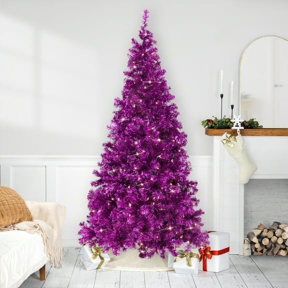 Northlight Pre-Lit Artificial Tinsel Christmas Tree - 7' - Purple - Clear Lights