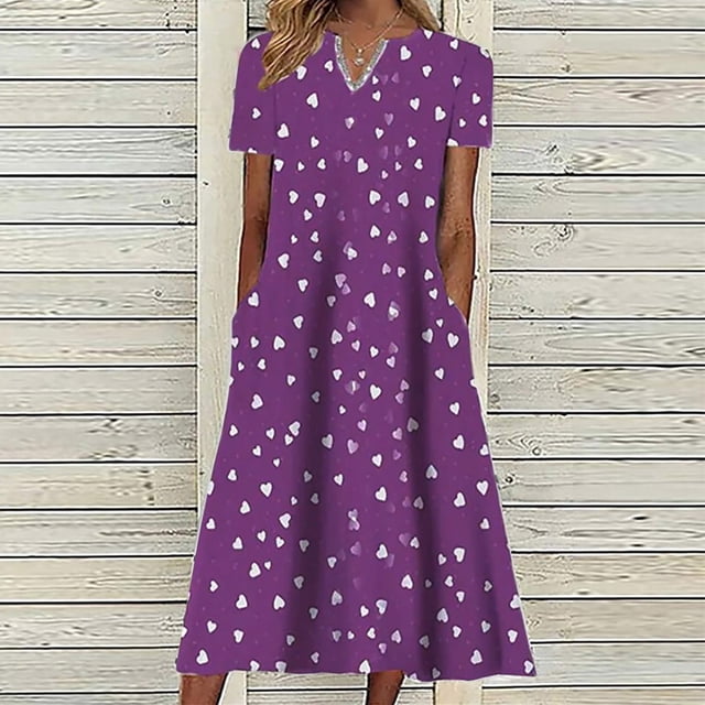 EGNMCR Robes d'Été Femmes Tendance 2024 Femmes Été Décontracté Imprimé Col en V Manches Courtes Robe