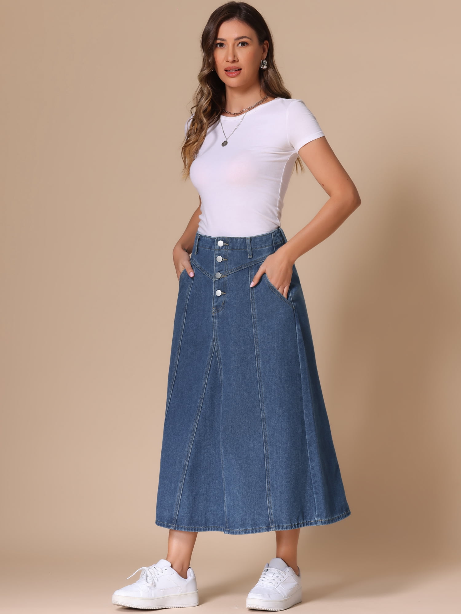 DARING DIVA Women's High Waisted A-Line Frayed Midi Skirt with Pockets M Blue