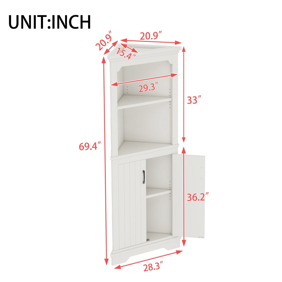 Tall Corner Cabinet with Doors for Living Room, 69.4" Storage Cabinet with Open Shelves, Space-Saving Corner Storage for Bathroom Dining Room Kitchen, White