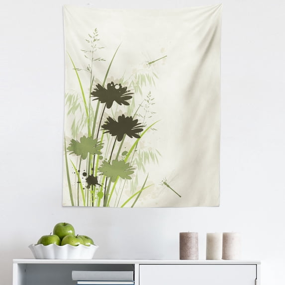 Green Tapestry, Lake Flowers Leaves on Abstract Backdrop Bird Like Bugs, Fabric Wall Hanging Decor for Bedroom Living Room Dorm, 5 Sizes, Pale Green Dark Green, by Ambesonne