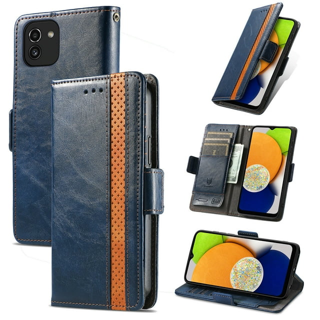 Case for Samsung Galaxy A03S Cover Leather Wallet Folio Case Book Design Flip Magnetic Closure - Blue