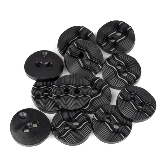 Mibo 12pcs Nylon Resin Button - 2 Hole - Embossed Wave Pattern on Wavy Textured Backround with Convexed Edge - 24L(15mm) - Black
