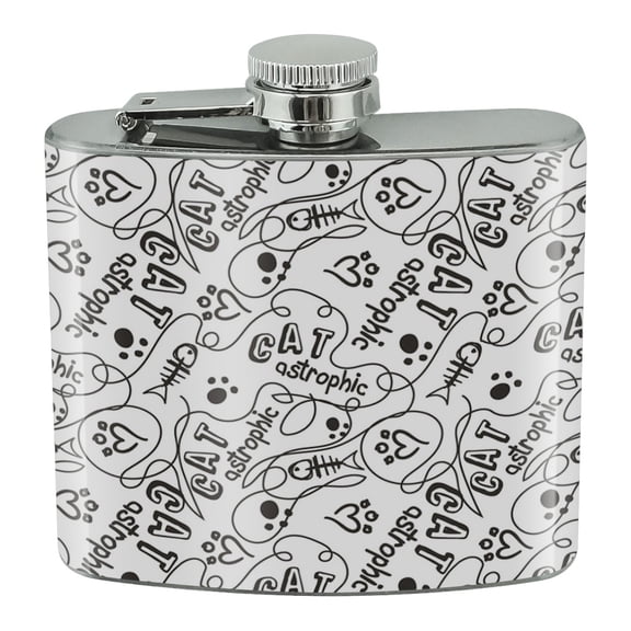 Cat Kitty Kitten Catastrophic Paw Print Heart Fish Pattern Stainless Steel 5oz Hip Drink Kidney Flask