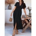 thumbnail image 6 of Women Summer Casual Midi Dress Puff Sleeve V Neck Ruched Button Front Split Boho Beach Vacation Wedding Dresses 2025 Black S, 6 of 8