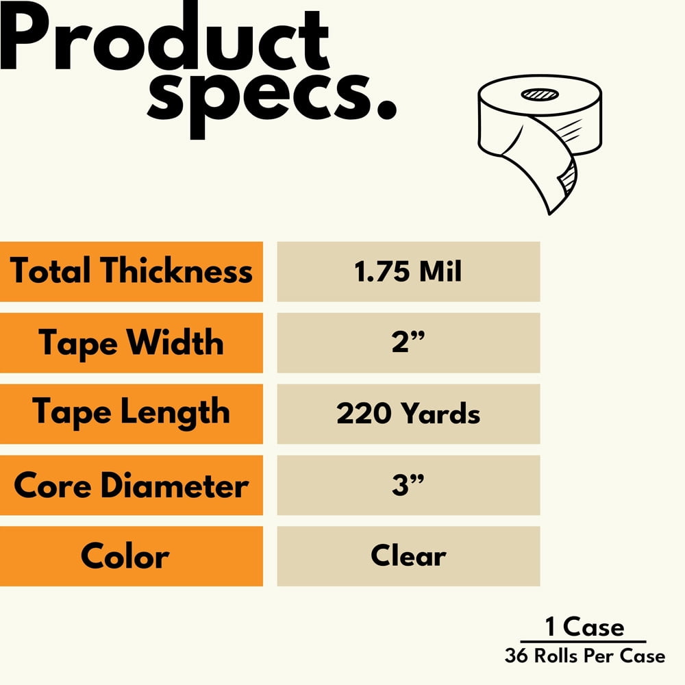 Shield Tape 36 Rolls - 1.75 Mil - Clear Acrylic Box Sealing Packing Tape with Smooth Unwind, Versatile Use, 2" x 220 Yards (660 ft)