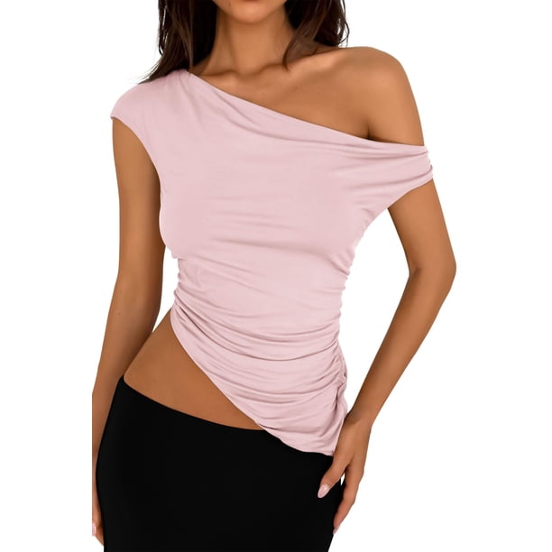 Remera PRETTYGARDEN 2025 Top Corto Fruncido de Un Hombro Rosa S
