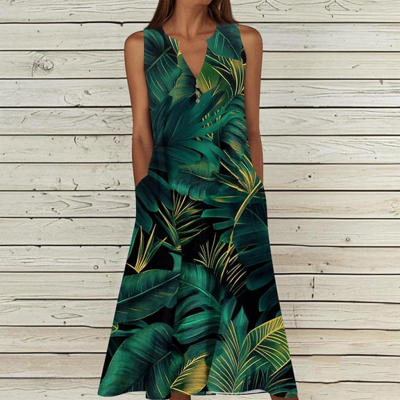 Feancey Plus Size Women's Flowy Vacation Dresses Boho Floral Printed Sundress Loose Sleeveless V Neck Midi Dresses Button Casual Beach Tank Dress with Pockets Multicolor 5XL