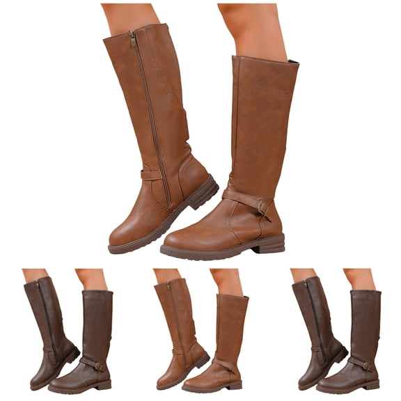 Dakaela Knee High Boots Women Chunky Low Heel Long Boots Fashion Buckles Biker Motorcycle Riding Boots with Side Zipper Brown 6
