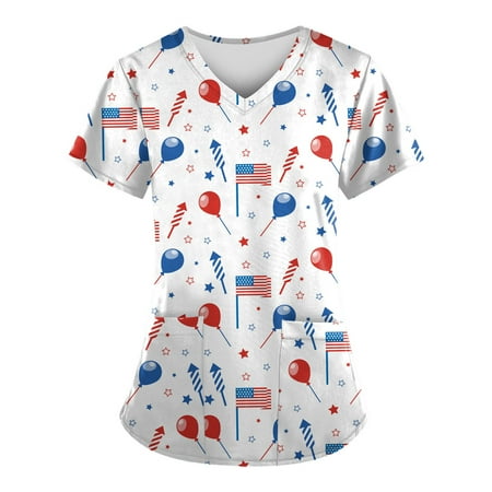 

Sksloeg Scrub Tops Women Independence Day Top Patriotic Comfort Scrubs Women s Cartoon Printed V-Neck Workwear Shirts Nursing Working Uniform White M