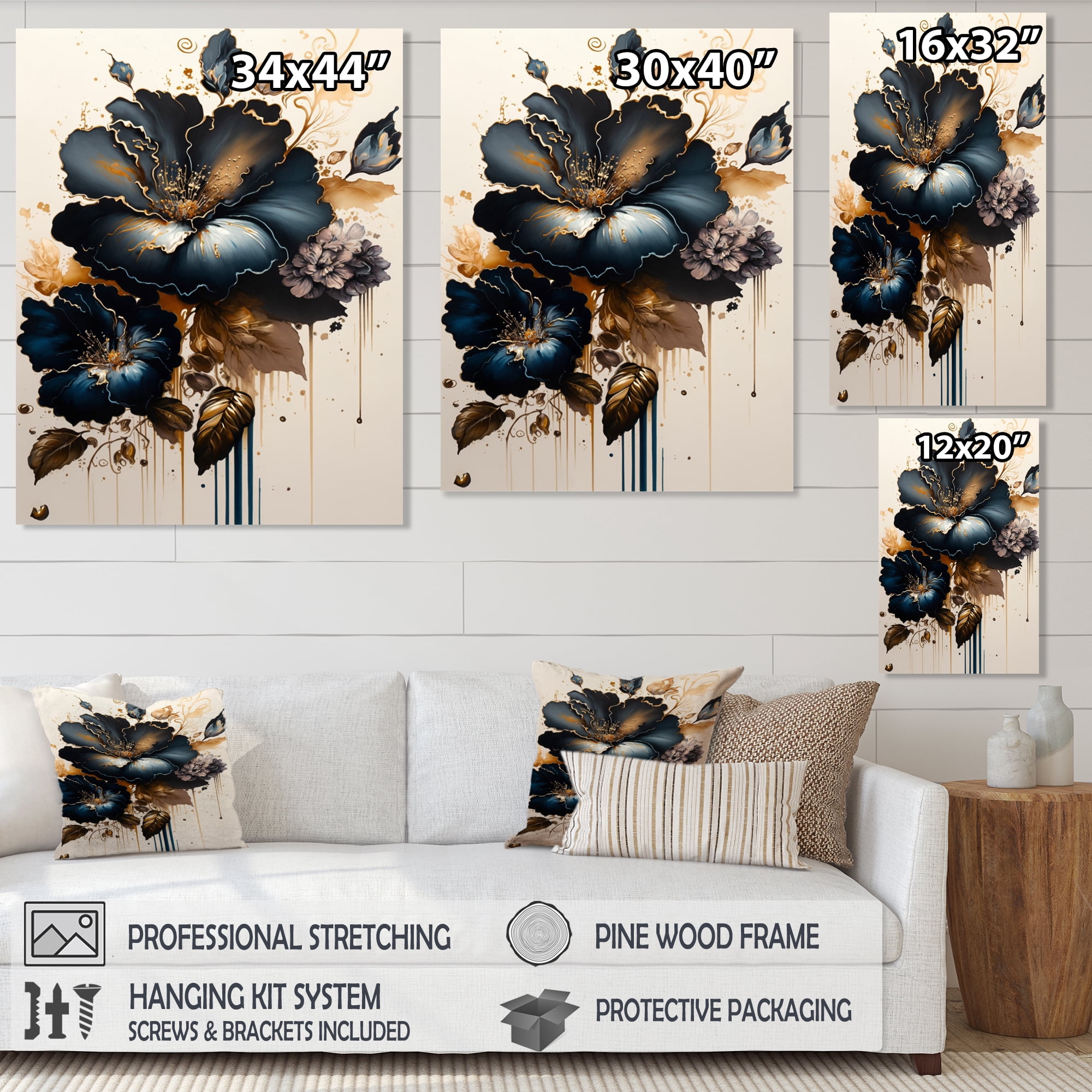 Designart Dark Blue And Gold Hibiscus I Canvas Wall Art
