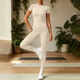 thumbnail image 3 of QIYAGBSA Workout Sets for Women Short Sleeve Crew Neck Top High Waist Leggings Stretch Athletic Two Piece Outfit (Beige, S), 3 of 6